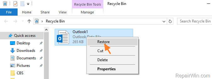 restore pst data file