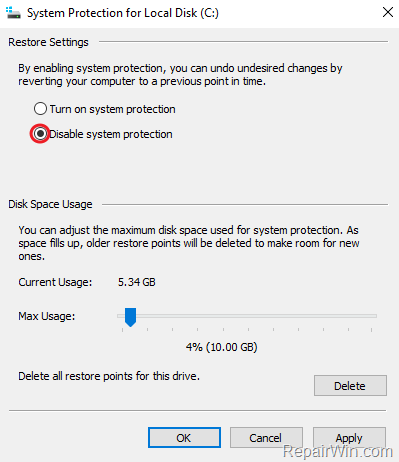 disable system protection