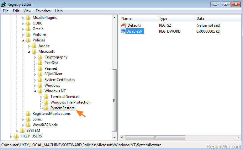 enable system restore registry