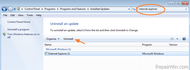 uninstall Internet Explorer