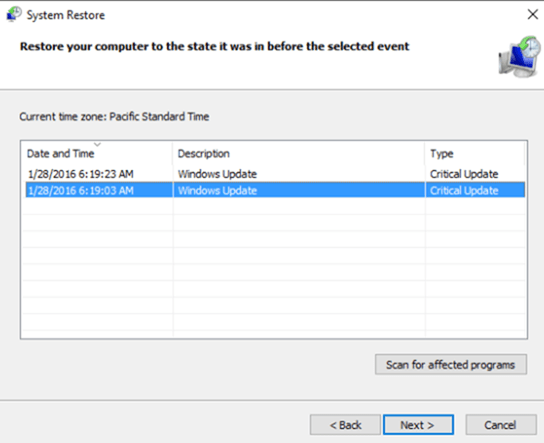 system restore windows 10