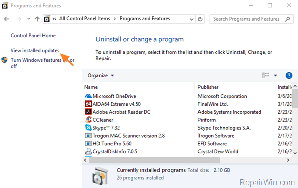 uninstall updates windows 10
