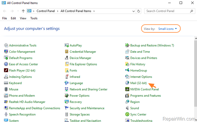 control panel mail options