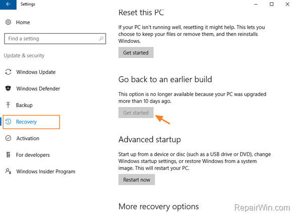 go back to an earlier build windows 10