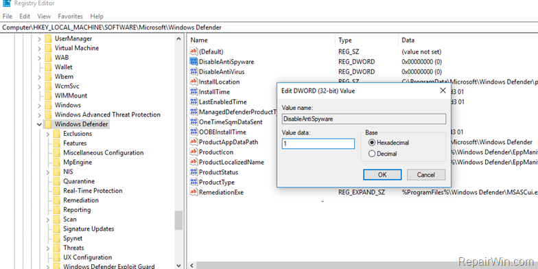disable antispyware windows 10