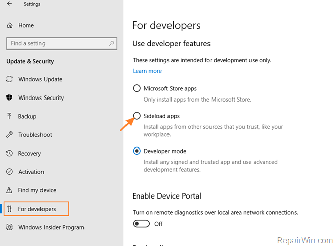 disable developer mode windows 10