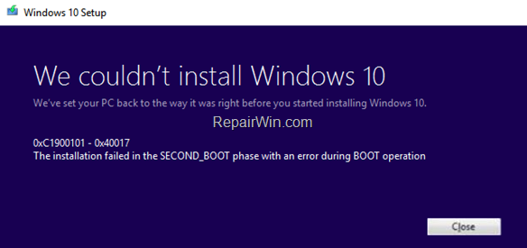 FIX 0xC1900101 – 0x40017 Installation failed in SECOND_BOOT phase
