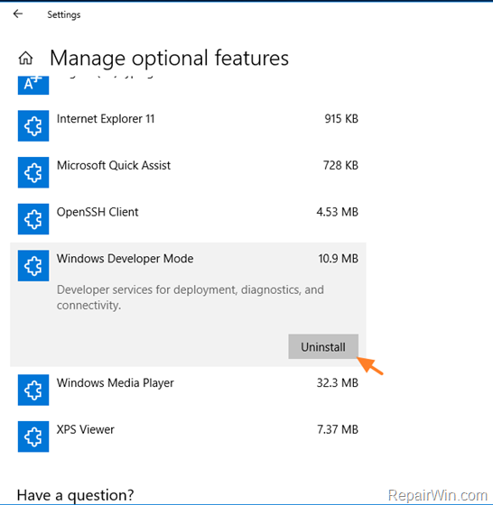 uninstall windows developer mode