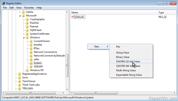 HKEY_LOCAL_MACHINESOFTWAREPoliciesMicrosoftWindowsSystem