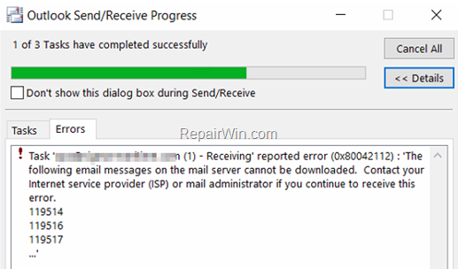 FIX: Outlook 0x80042112 Receiving reported error.