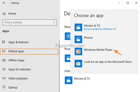 change default media player windows 10