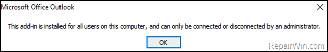 The add-is installed for all users on this computer, and can only be connected or disconnected by an administrator