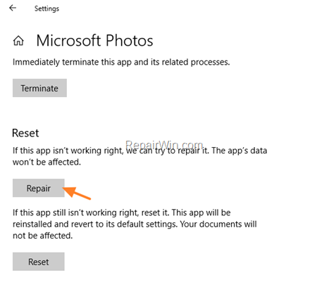 repair - reset photos app