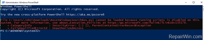 FIX: script cannot be loaded because is disabled on Windows 10
