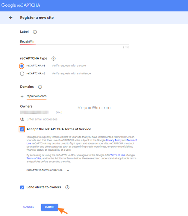 Register Site with Recaptcha V3