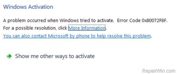 activation error code 0x80072F8F