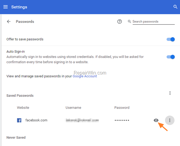 view chrome passwords