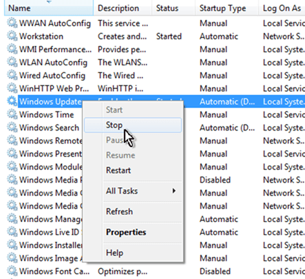 stop windows update service
