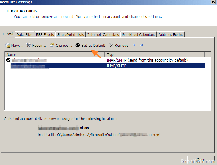 change default mail merge Account