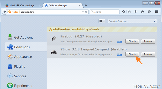 disable firefox addon