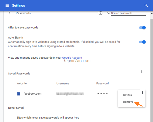 remove chrome passwords