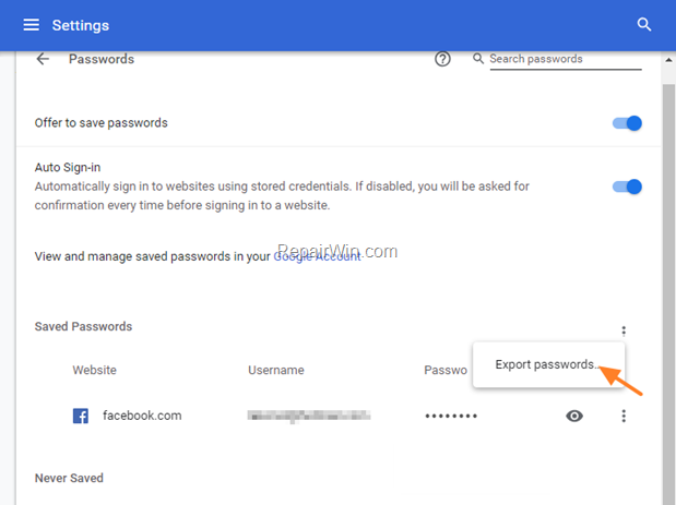 export chrome passwords