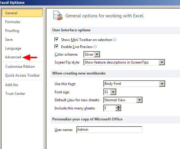 Excel Advanced Options