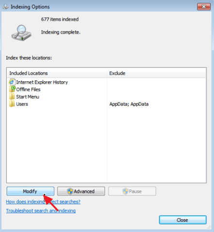 indexing options
