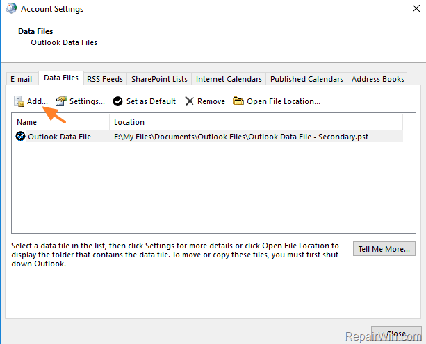 add outlook data file
