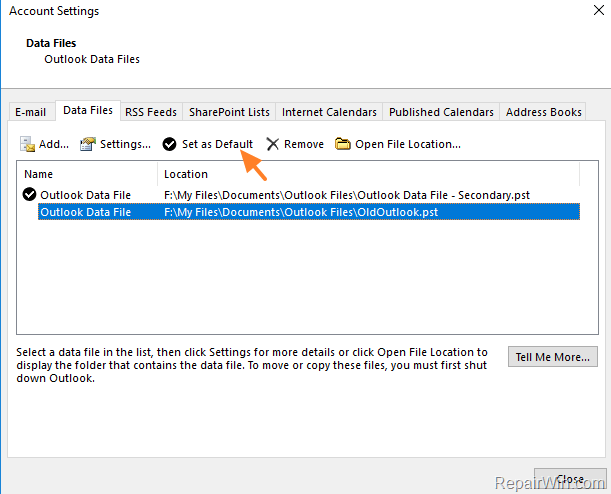 set default outlook data file
