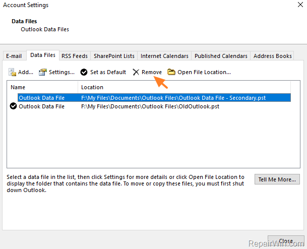 remove outlook data file