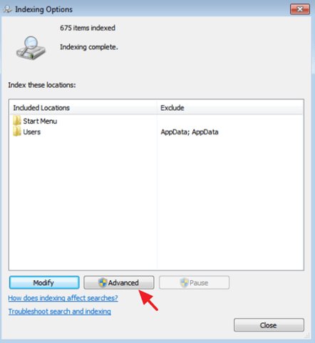 indexing advanced settings