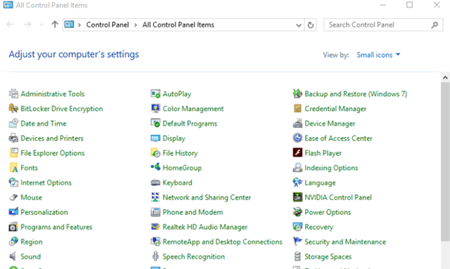 control panel in Windows 10