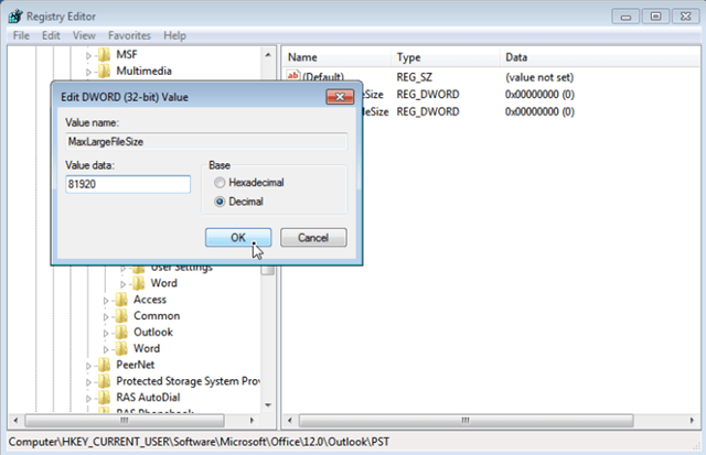 Set Outlook.pst Max Large File Size