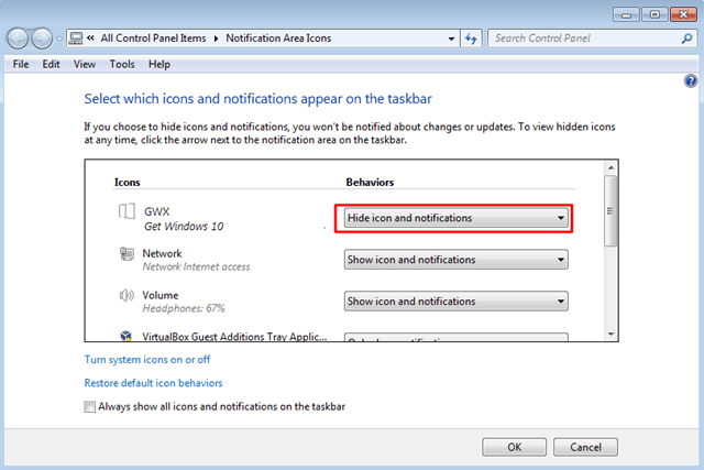 hide the get windows 10 icon and notification