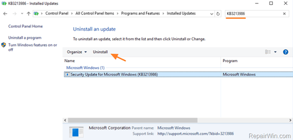 uninstall windows 10 update