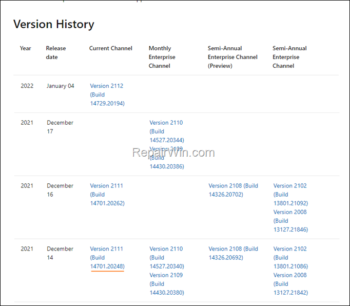 Office 365 Build Numbers