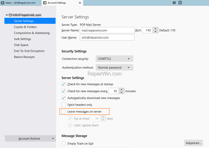 Thunderbird leave messages on server