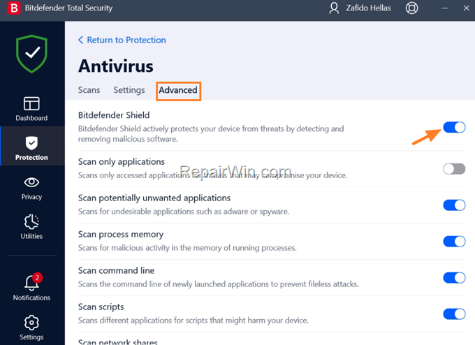 Bitdefender protection settings