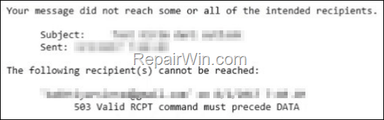 FIX 503 Valid RCPT command must precede DATA in Outlook