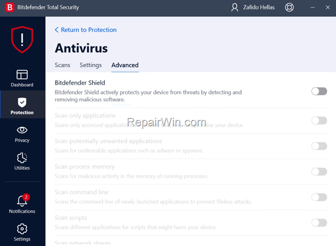 disable bitdefender real time scan