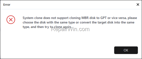 System Clone Does Not Support Cloning MBR to GPT or Vice Versa
