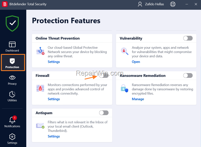 Disable Bitdefender Firewal and othe features.