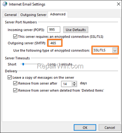 email account port-encryption settings