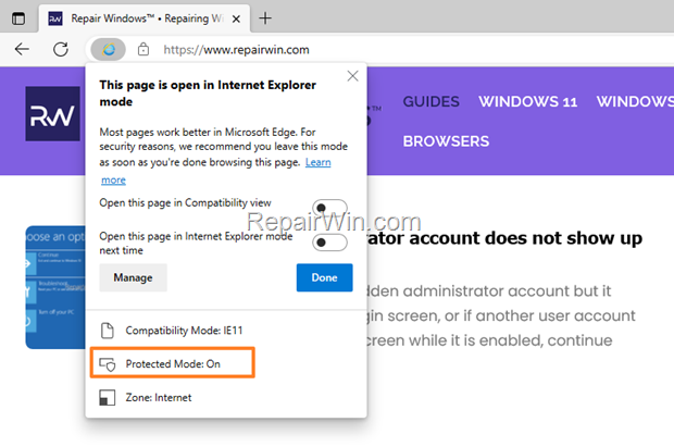 Turn Off Protected Mode in Internet Explorer Mode
