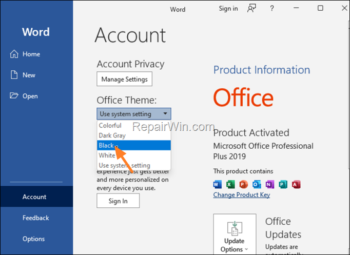 Change Office Theme to Dark