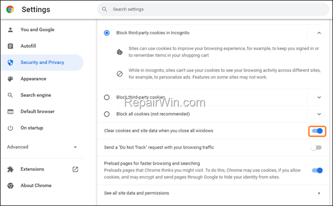 Clear history cookies and site data on exit Chrome