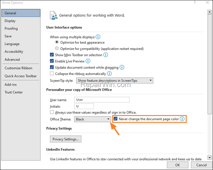 change office to dark mode