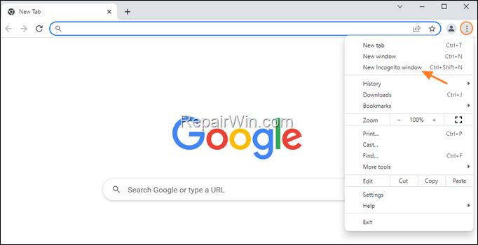 Chrome New Incognito window