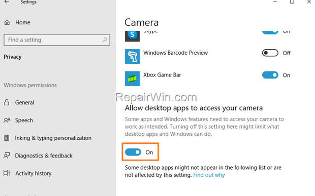 Allow desktop apps to access your camera